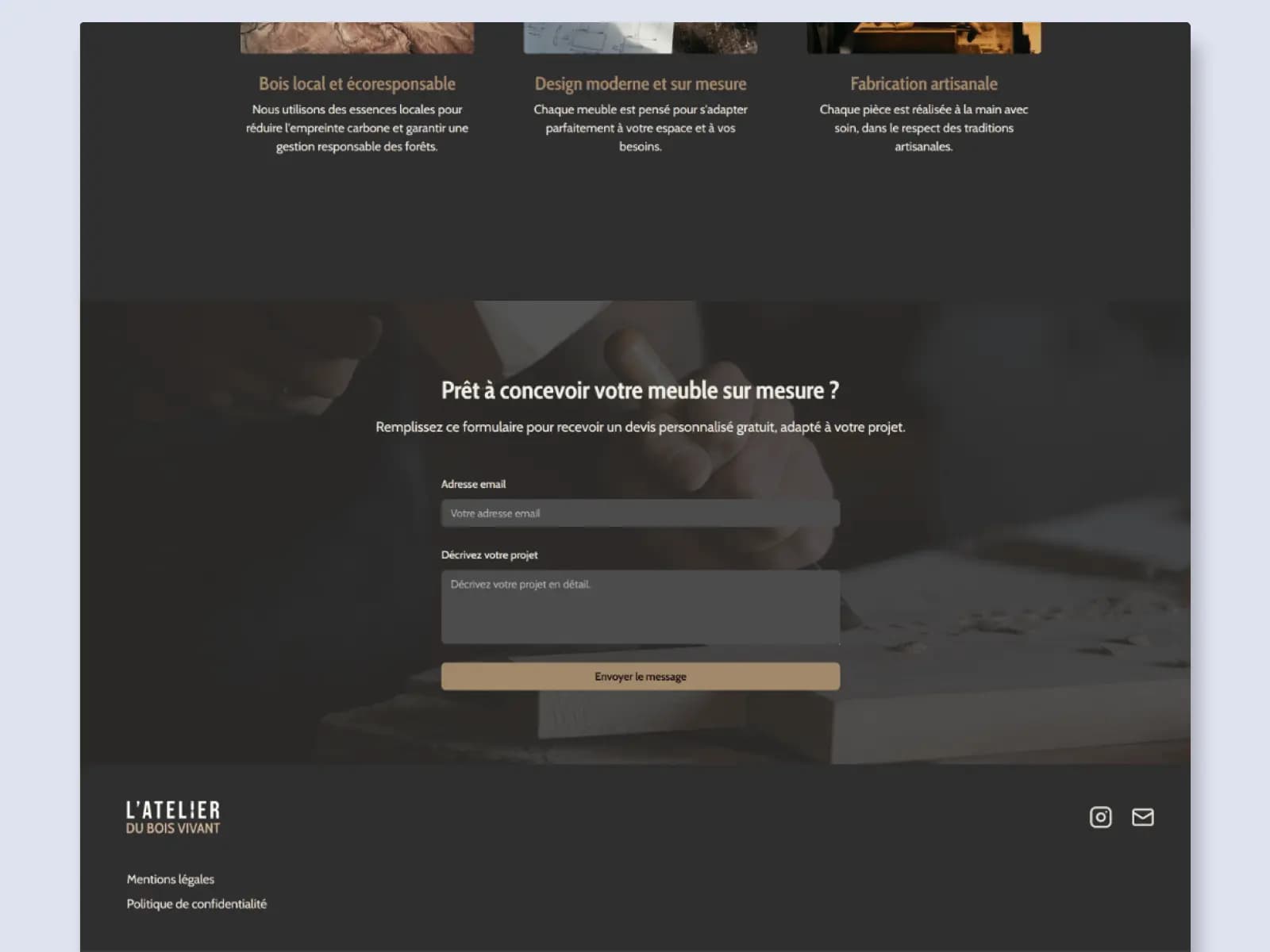 Mockup de la section Contact sur le site Atelier du Bois Vivant
