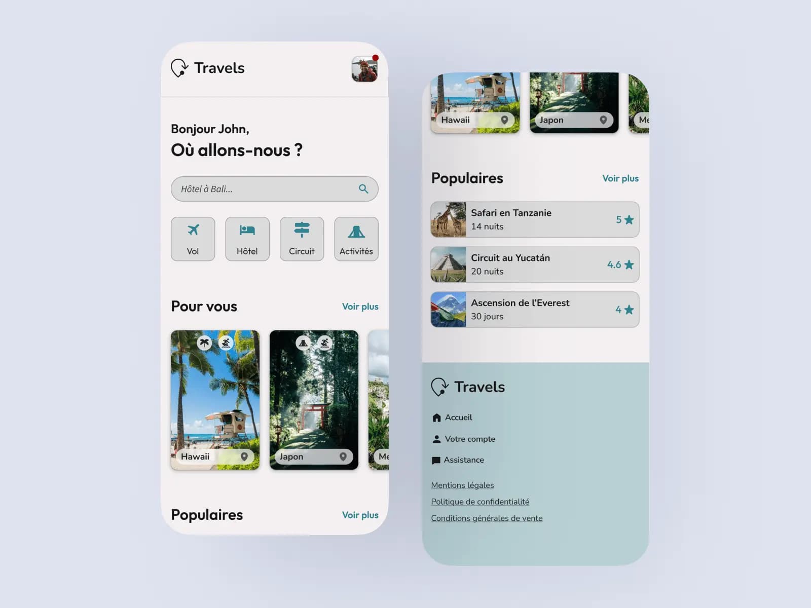 Mockup de l'accueil de l'application Travels