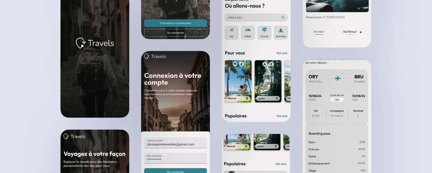 Mockup de l'application Travels, projet d'entraînement en UI design